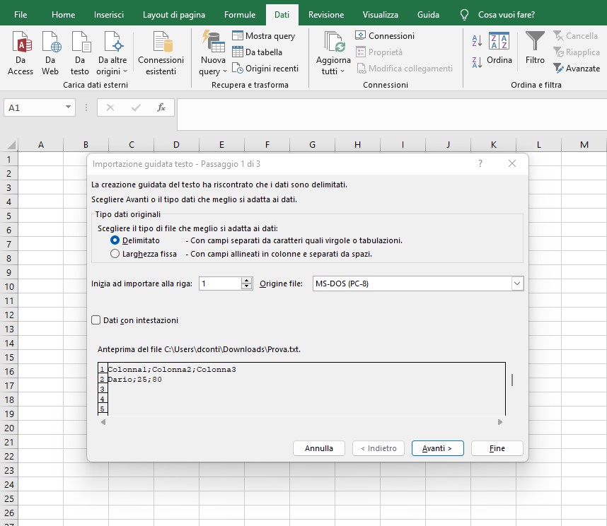 importare file txt in excel con macro